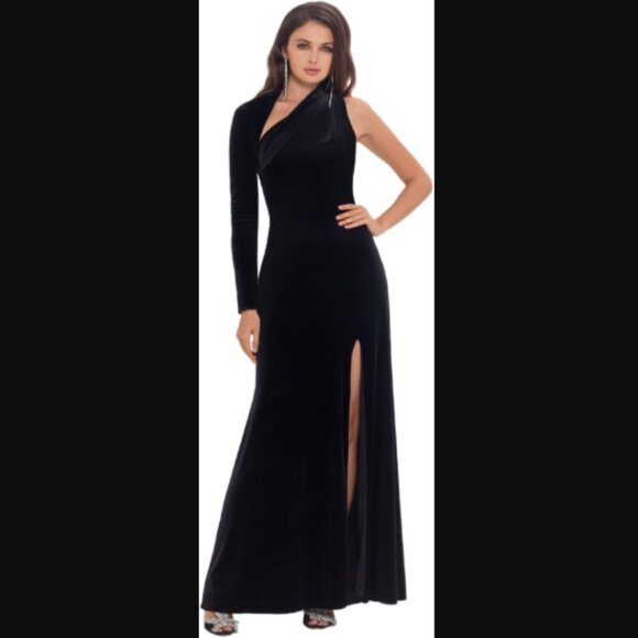 Betsy & Adam Dresses & Skirts - NWT Betsy & Adam Black Velvet Evening Gown High Slit One Shoulder Retail $249.00